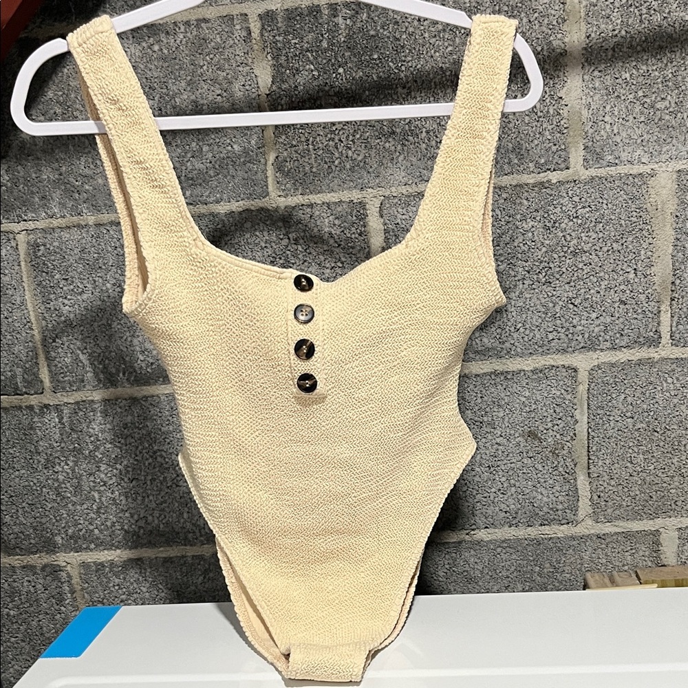 Textured Cream Sexy BodyCon Tank Top Boho Cottage Summer Beach Button Bodysuit